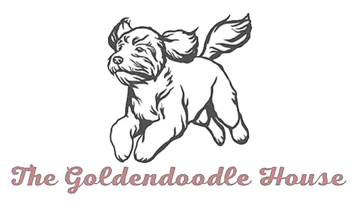 Logo de The Goldendoodle House, mostrando un perro dorado corriendo en estilo ilustrado.